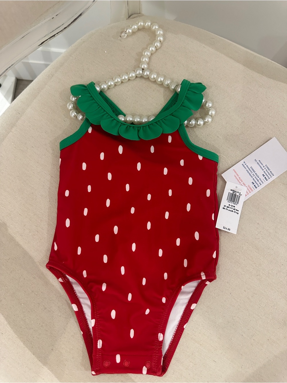 🍓 6~12 Mth Strawberry Print Ruffled Neck Baby One-Piece Swimsuit NWT